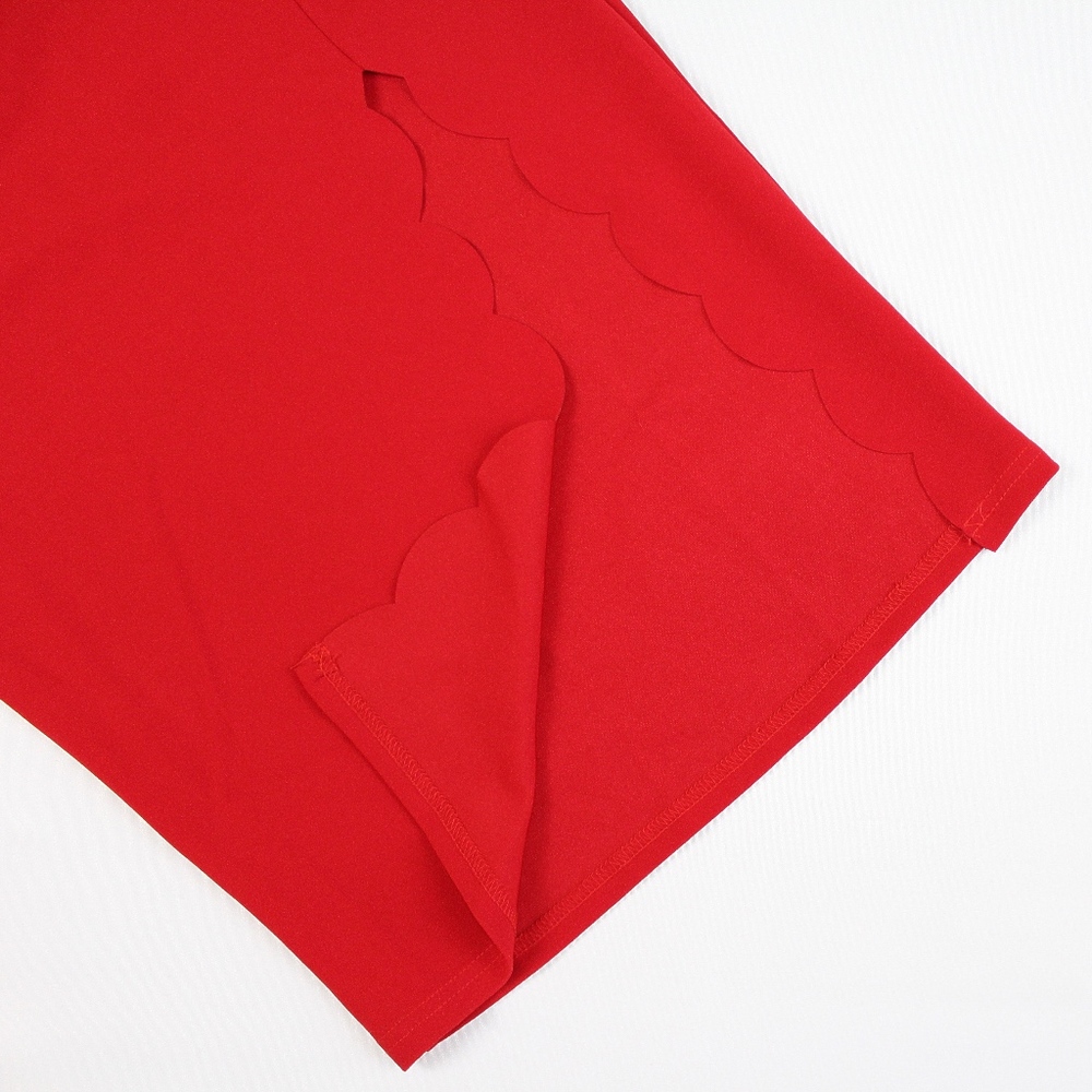 Plunging Neck Scallop Edge Slit Bodycon Dress Red - Picture 8 of 8